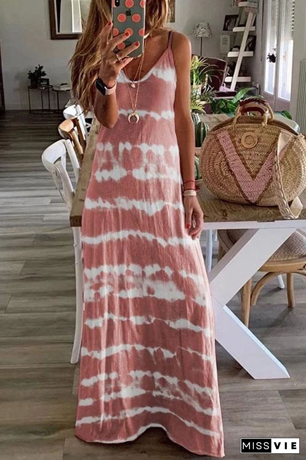 KarliDress V Neck Spaghetti Strap Tie Dye Casual Maxi Dress P12873