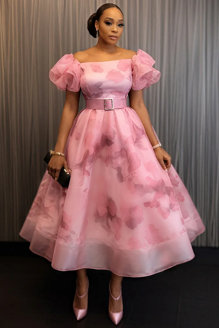 Xpluswear Design Plus Size Wedding Guest Pink All Over Print Off The Shoulder Short Sleeve Ruffle Elegant Organza Midi Dresses [Pre-Order] 2024 - Xpluswear