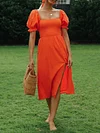 Solid Color Puff Sleeves Midi Dress