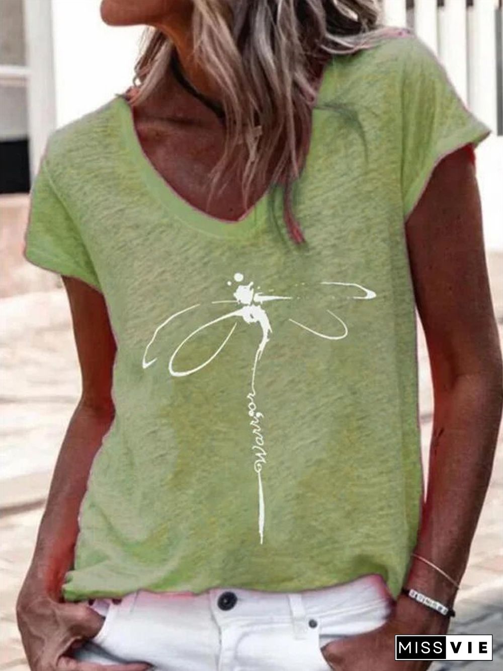 Dragonfly Casual V Neck Short Sleeve T-Shirt