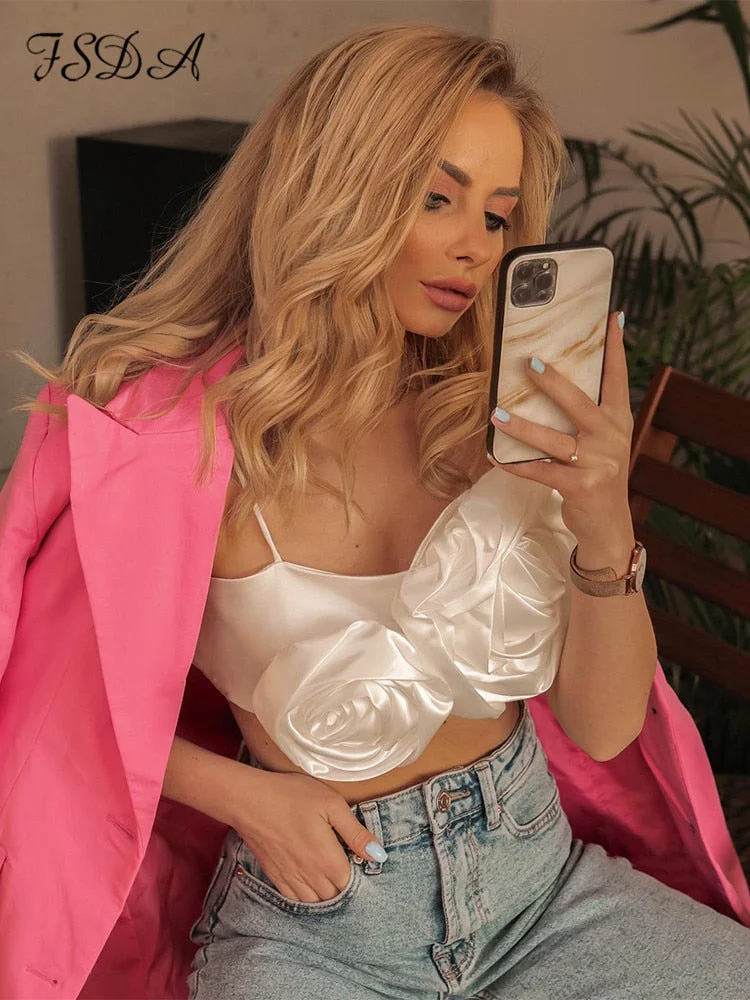 2022 White Floral Spaghetti Strap Women Crop Top Backless Summer Elegant Tank Tops Sexy Fashion Casual Cami Sleeveless