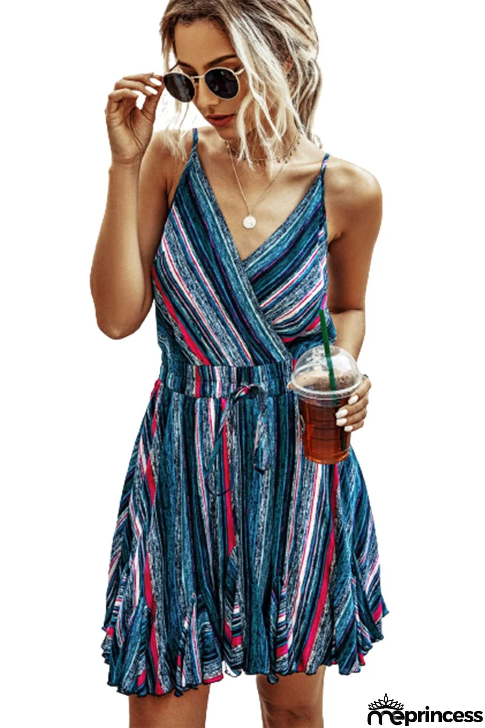 Adjustable Straps Wrap V-Neck Backless Tie Waist Pleated Hem Striped Dress