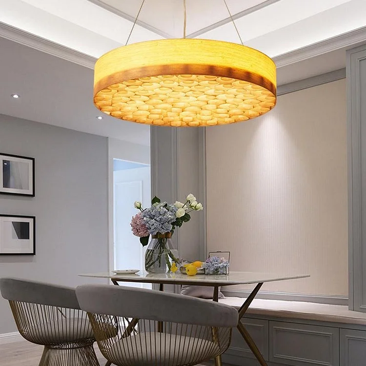 24'' Large Burlywood Drum Light Pendant Wood Living Room Pendant Lighting - Appledas