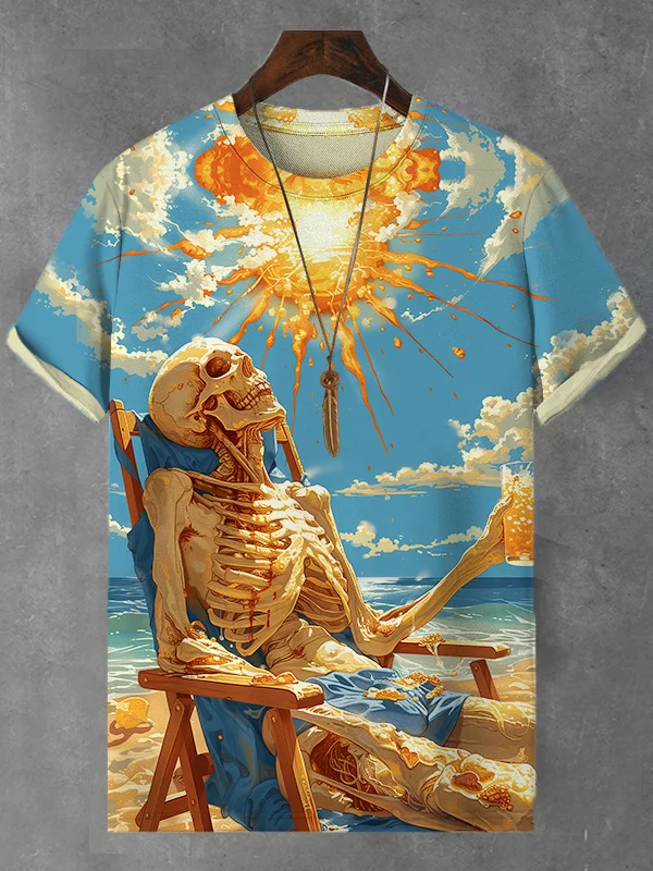 Men's Skeleton Still on Vacation Seaside Print Casual T-Shirt