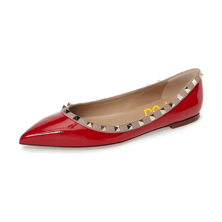 Women's Red Rivet Pointed Toe Comfortable Flats |FSJ Shoes