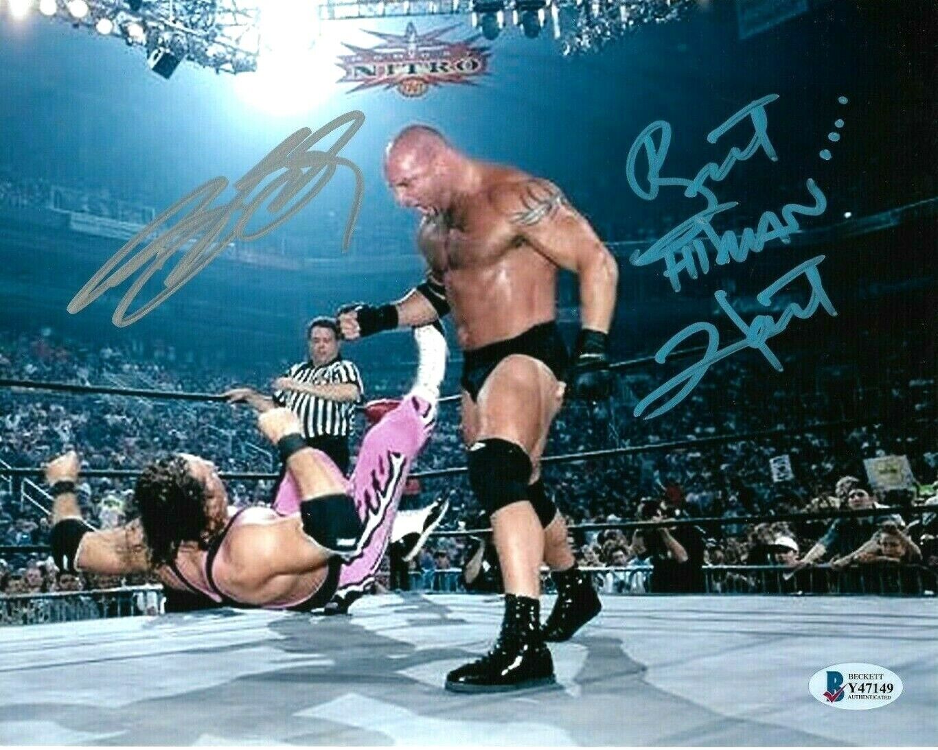 WWE GOLDBERG AND BRET HART HAND SIGNED AUTOGRAPHED 8X10 Photo Poster painting WITH BECKETT COA 2