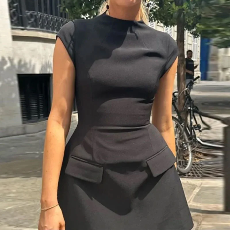 Uveng Uveng Women's Wear Elegant High Waist Sexy Mini Skirt Women's Fashion Round Collar Short Sleeve Zip Dress