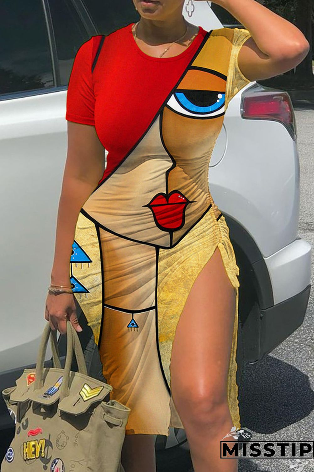 Red Yellow Casual Print Slit O Neck Short Sleeve Dress