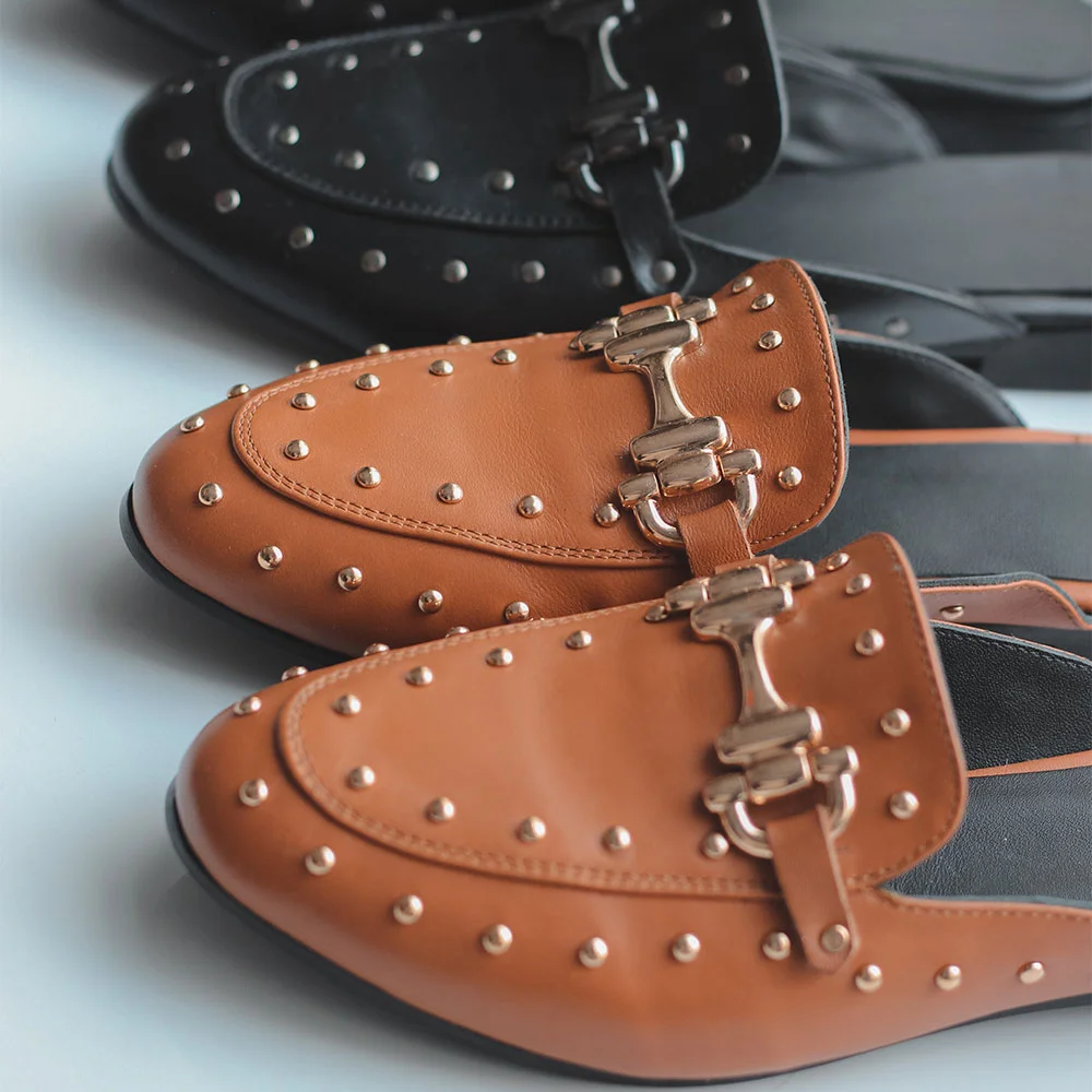 YDN Brown Round Toe Comfort Slip On Mule Loafers with Studded