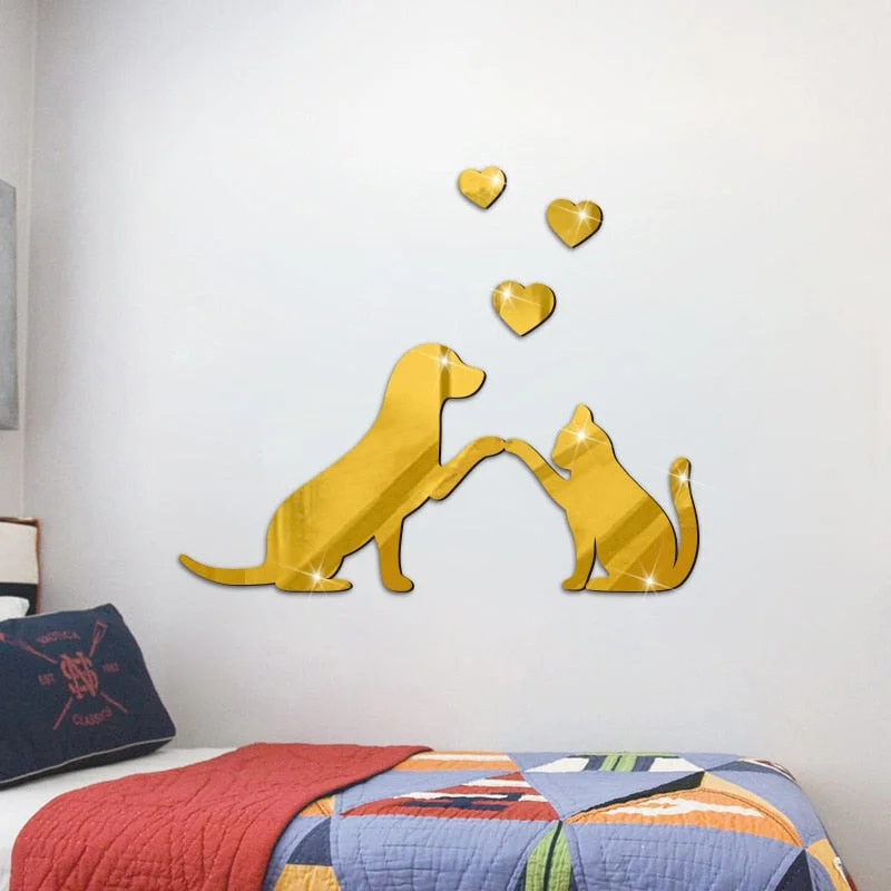 1set Cat and Dog Mirror Acrylic DIY Combination Home Decor Wall Sticker Mirrored Acrylic Sheet Self-adhesive Waterproof