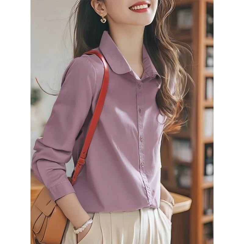 Athvotar Athvotar 2025 New White Doll Collar Cotton White Shirt Female Long-Sleeved Student Basic Shirt Top