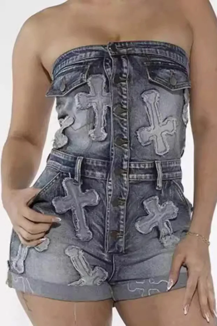 Washed Denim Cross Pattern Embroidery Button Tube Romper Playsuit