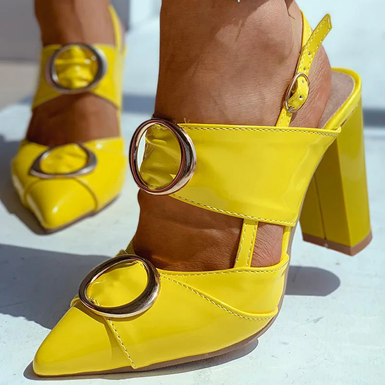 Yellow Pointed Buckles Heels Women's Vintage Shoes Chunky Heel Loafers |FSJ Shoes