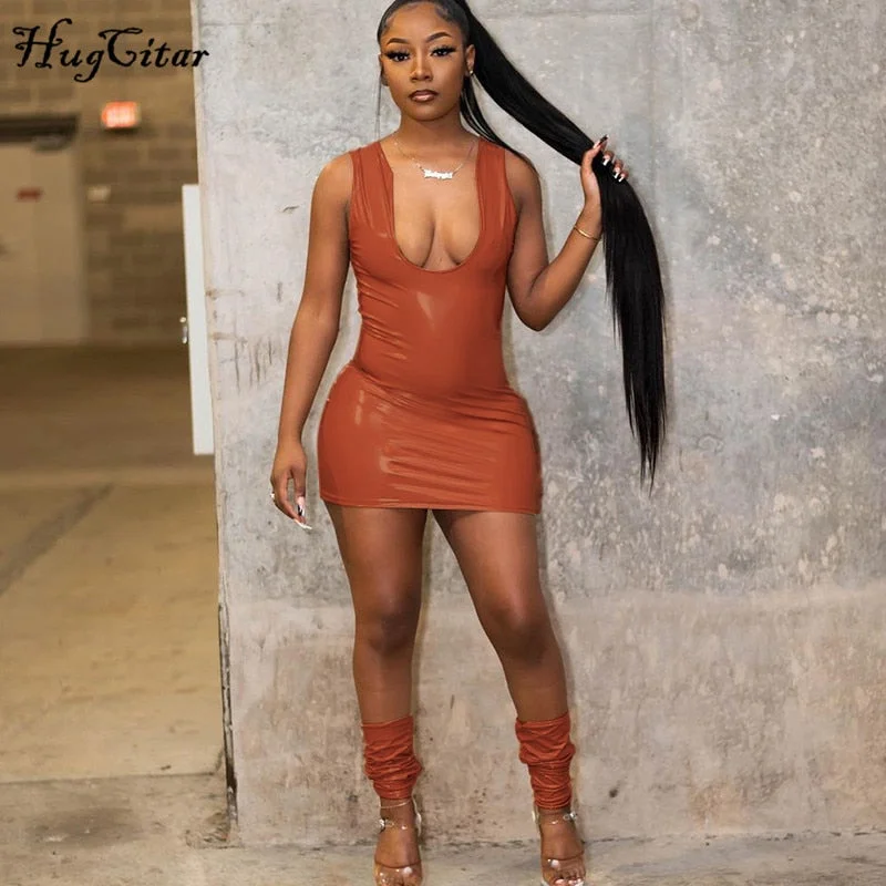 Hugcitar 2020 Sleeveless Solid Deep V-Neck Pu Leather Zip Up Mini Dress Autumn Winter Women Fashion Sexy Party Club Clothings