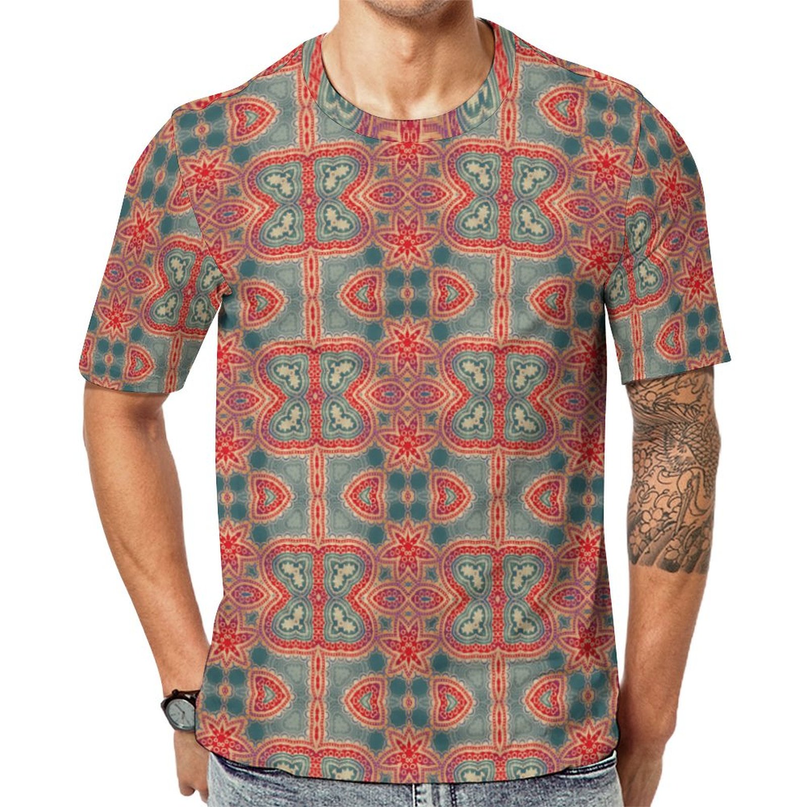Ethnic Indian Ornate Boho Red And Teal Short Sleeve Print Unisex Tshirt Summer Casual Tees for Men and Women Coolcoshirts