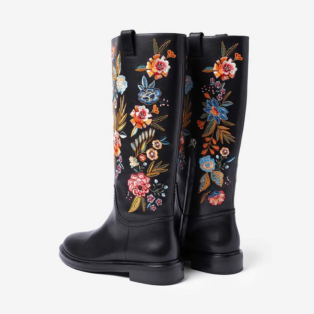 Black Round Toe Low Heel Flower Embroidered Knee High Boots for Women