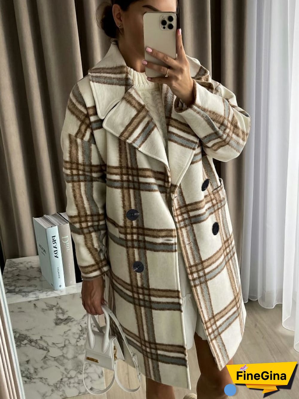 Women's Casual Fashion Plaid Printed Lapel Faux Wool Coat