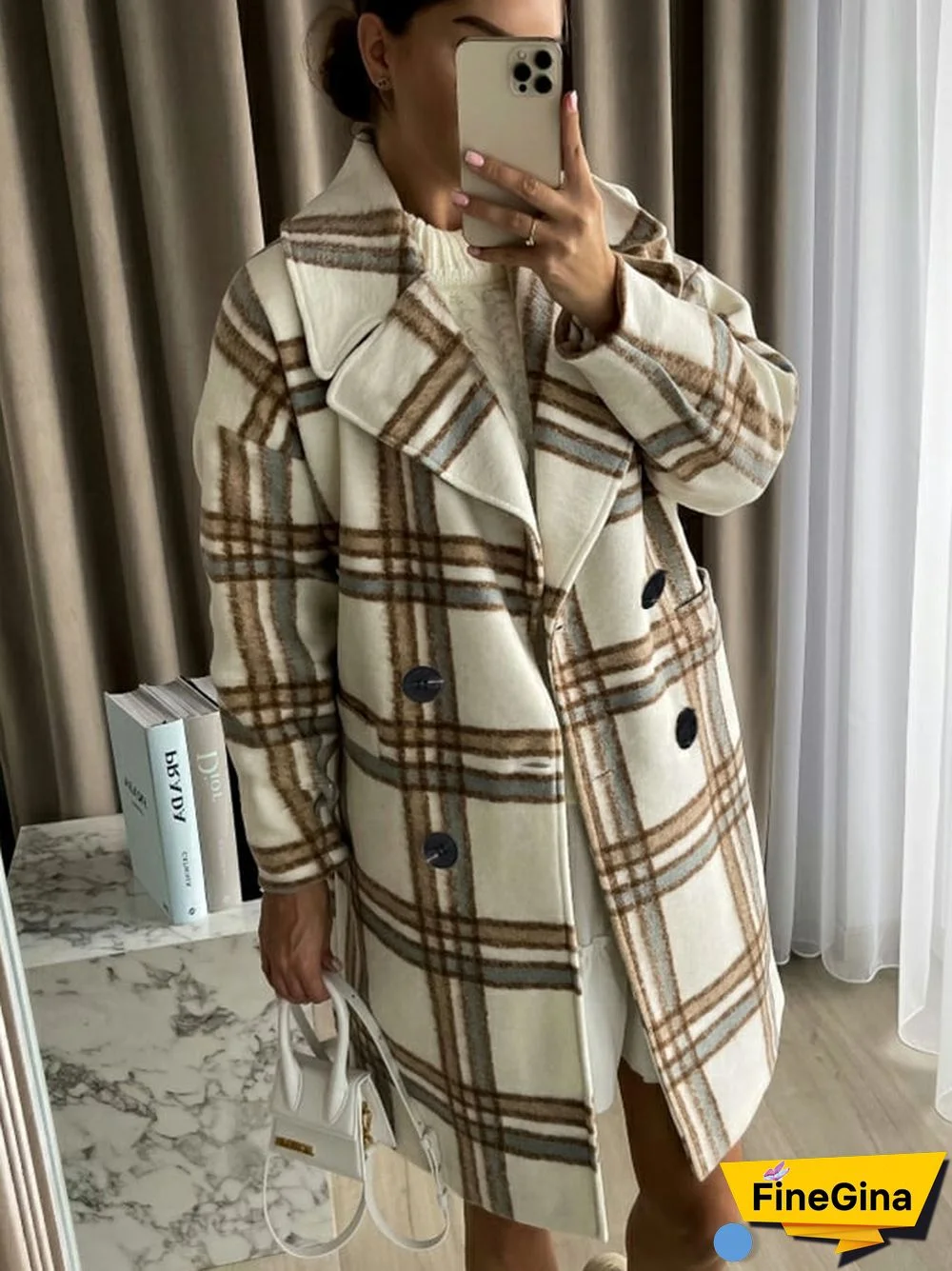 Women's Casual Fashion Plaid Printed Lapel Faux Wool Coat