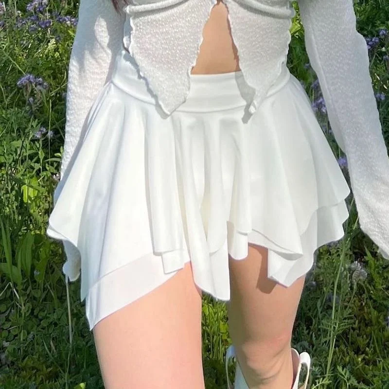 Women Irregular Mini Skirt Stretchy Flowy Low Rise Tiered Mini Skirt 