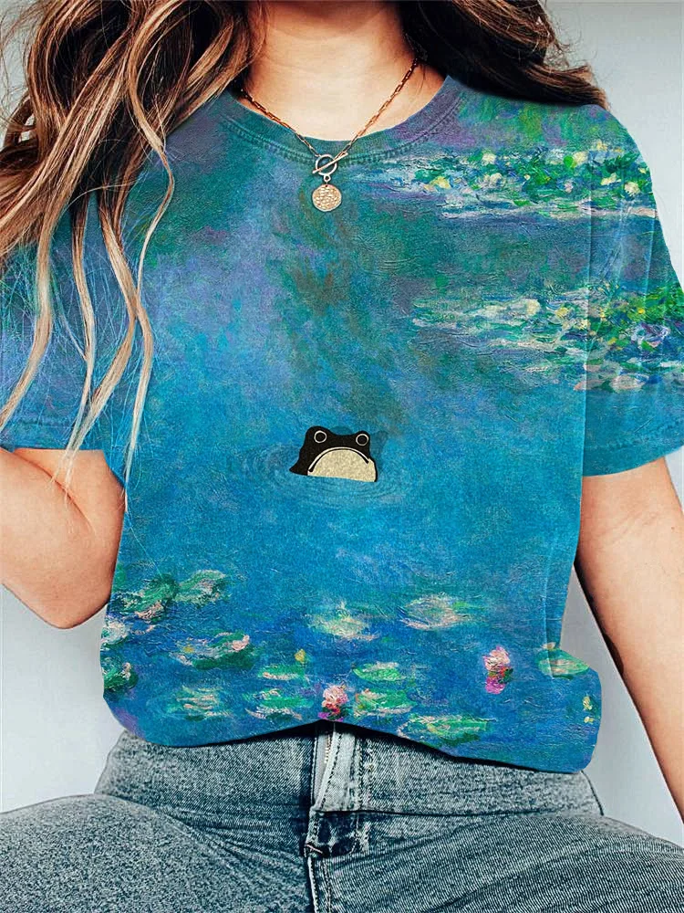 Oil painting Waterlily & Frog Print Casual T-shirt