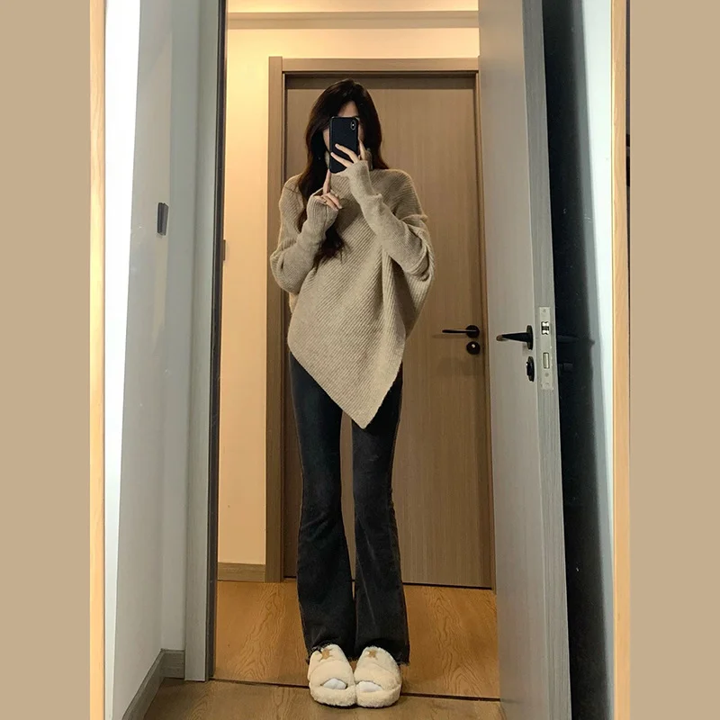 Churchf Churchf Winter Korean Version High Collar Hem Irregular Niche Design Sense Sweater Loose Lazy Wind Soft Waxy Knit Female Top