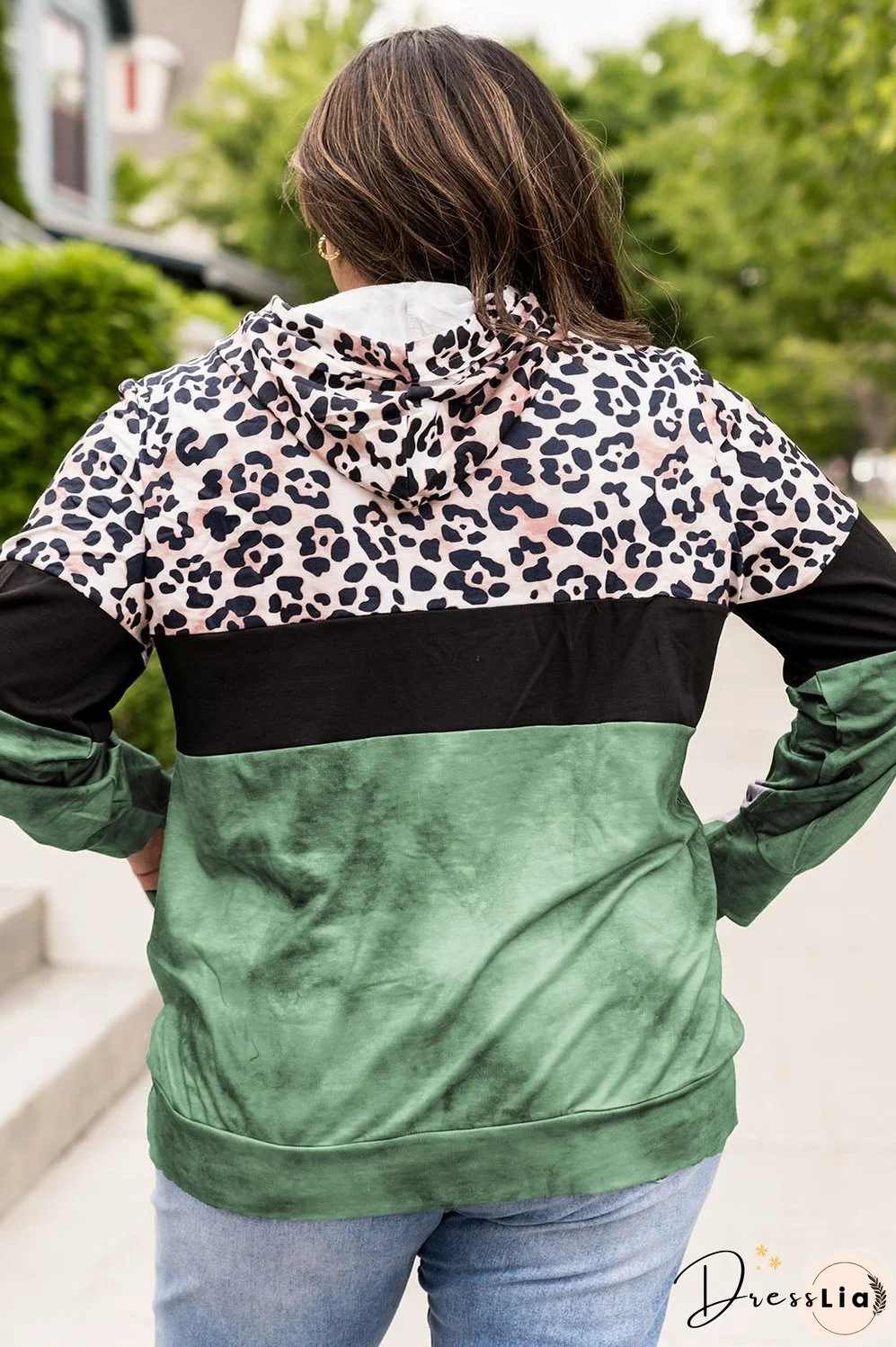 Plus Size Leopard Print Color Block Hoodie with Kangaroo Pocket