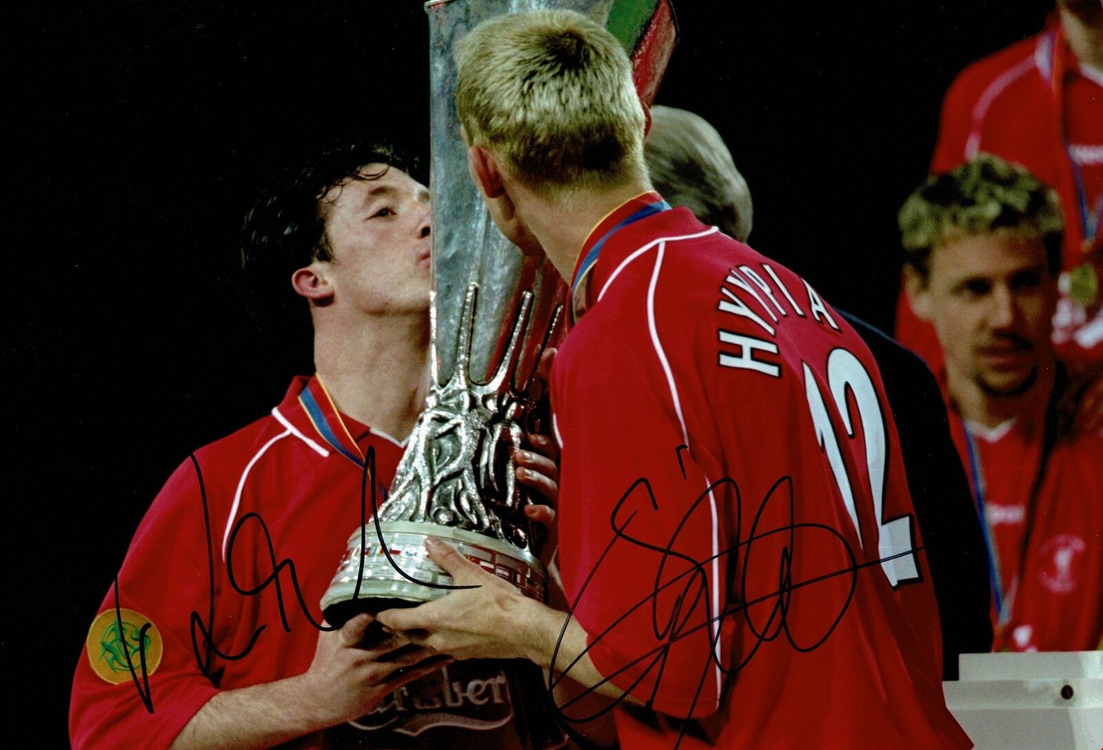 Robbie Fowler & Sami Hyypia SIGNED 12X8 Photo Poster painting Liverpool F.C. AFTAL COA (1634)