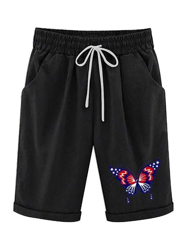 Women&lsquo;s Butterfly Independence Day Knee Length Bermuda Shorts Plus Size Casual Summer Loose Fit Long Shorts Elastic Waist Shorts with Pockets socialshop