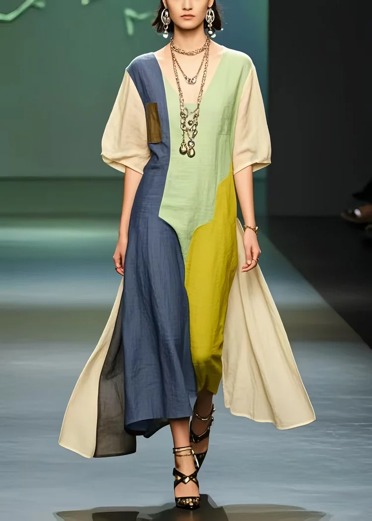 Chic Polychrome Asymmetrical Patchwork Cotton Ankle Dress Summer