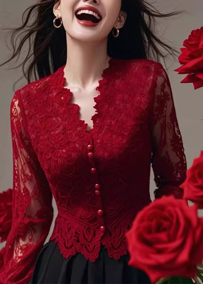 French Red V Neck Slim Fit Lace Shirt Tops Spring