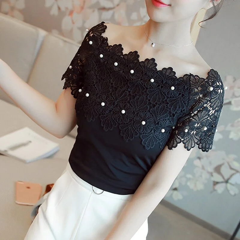 Fashion Elegant Hollow Out Casual Women Top Women Short Sleeve White Blouse Ladies Blouses Sexy Women Lace Stitching Shirt 80F