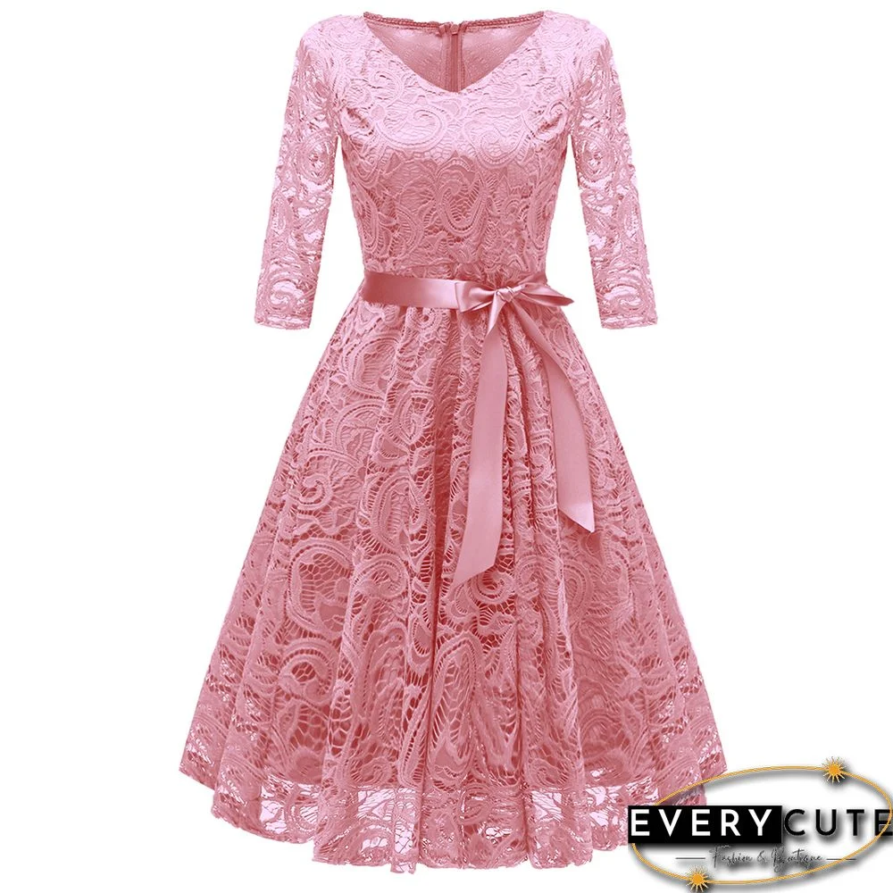 Pink 3/4 Sleeve Bowknot Waist Lace Party Dress