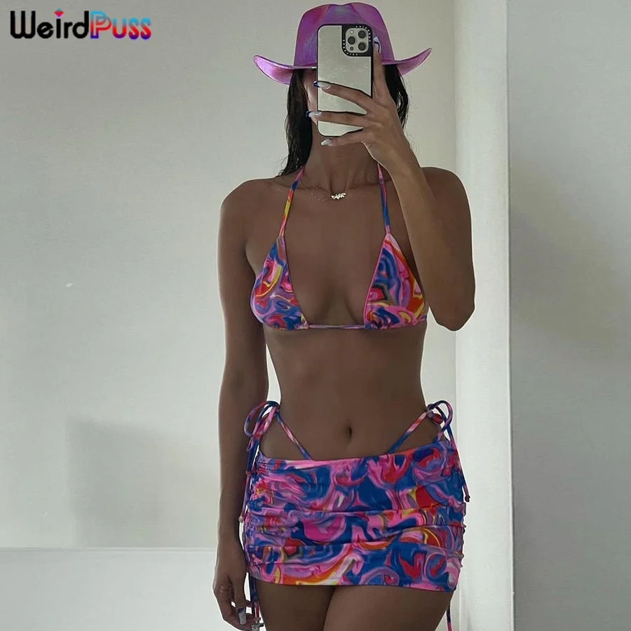 Weird Puss Summer Swimsuit Women Sexy Trend Bikini Tops+Skirt Suits Beach Style Matching Sets Chic Fairy Grunge Vacation Outfits