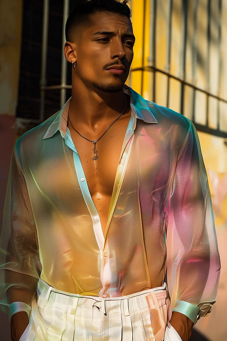 Ciciful Rainbow Gradient Mesh See-Through Long Sleeve Shirt