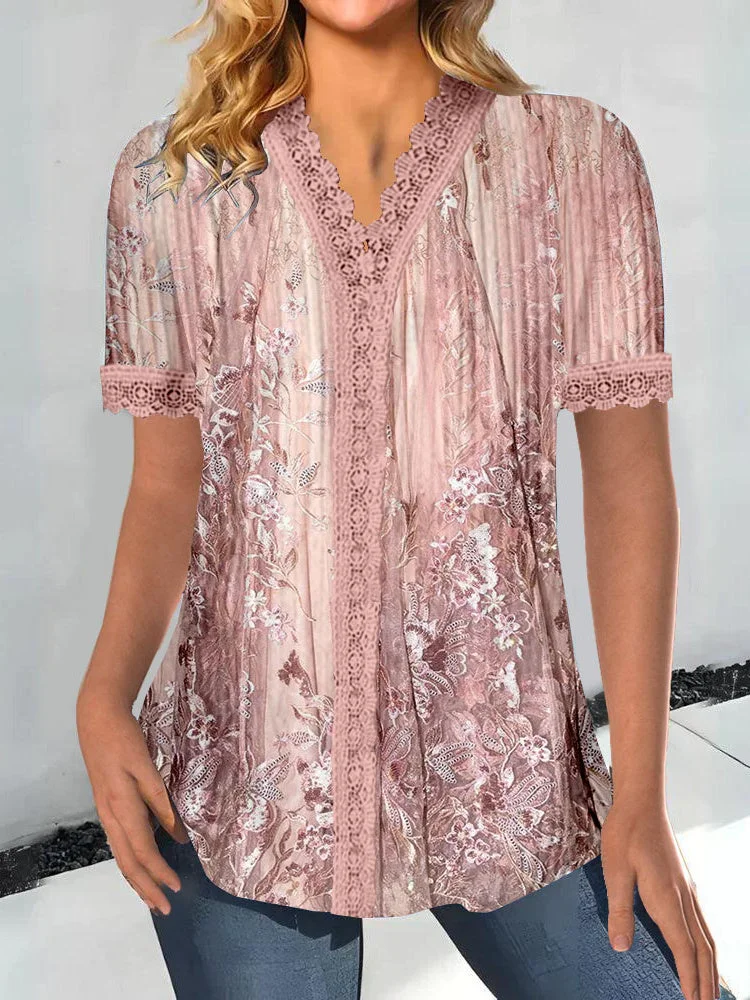 Women Short Sleeve V-neck Floral Printed Printed Graphic Lace Tops