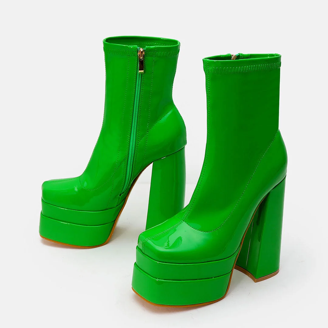 Solid Color Patent Leather Chunky High Heel Platform Ankle Boots - Green