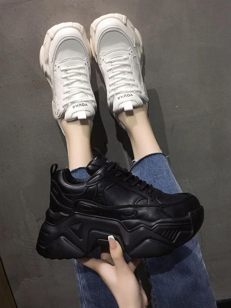  Women Platform Sneakers Leather Casual Ladies Chunky Shoes 2022 White Woman High Black Fashion Brand Thick Soled Wedge Sneakers