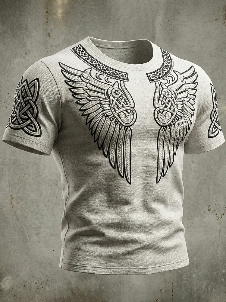 Men's Viking Tribal Jacquard Celtic With Wings Inspired Art  Print Short-sleeve T-shirt
