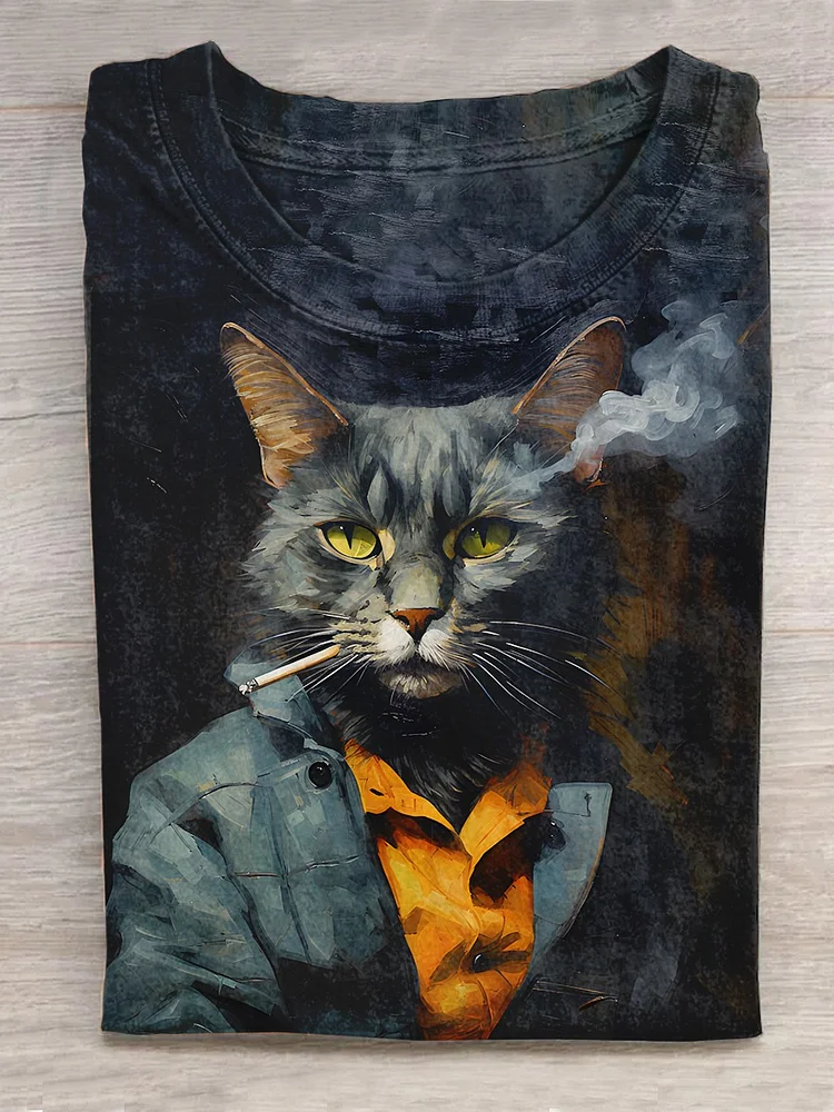 Smoking Black Cat Art Print Casual T-Shirt