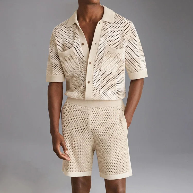 Fashion Knitted Colorblock Hollow Out Shirt & Shorts 2Pcs Set Okaywear
