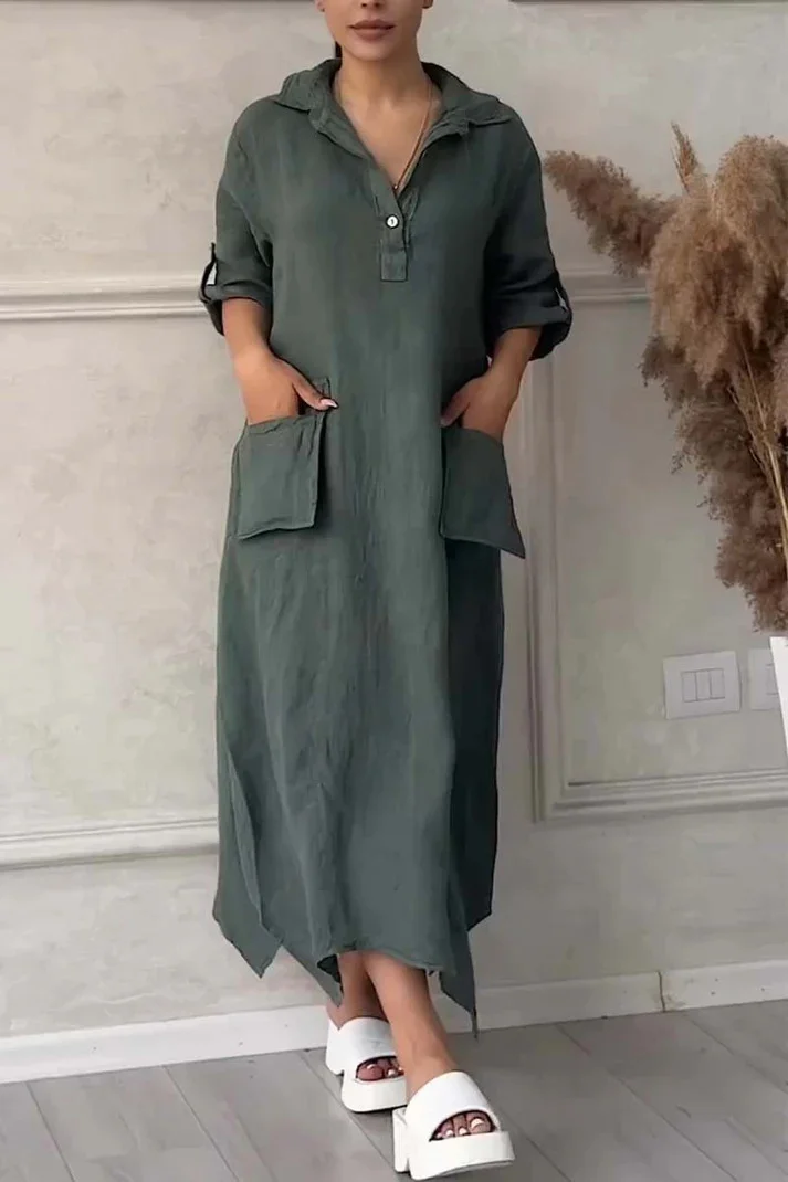 Women's Summer Cotton Linen Dress Solid Color V-Neck Long Sleeve Front Pocket Loose Dress