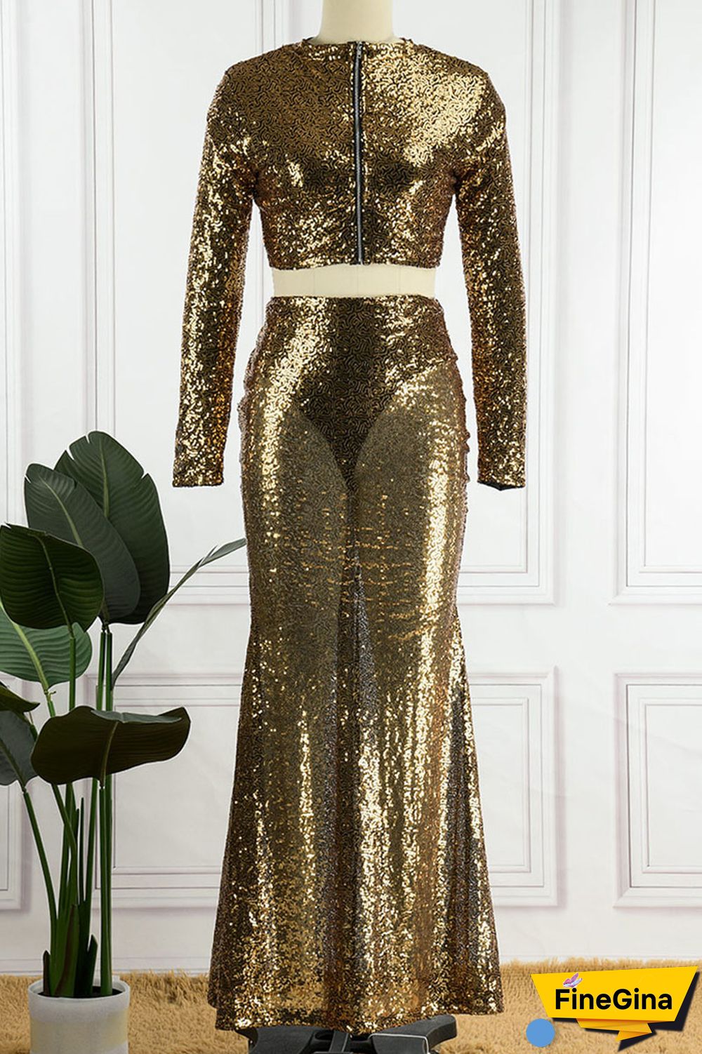 Champagne Sexy Solid Sequins Patchwork O Neck Long Sleeve Two Pieces