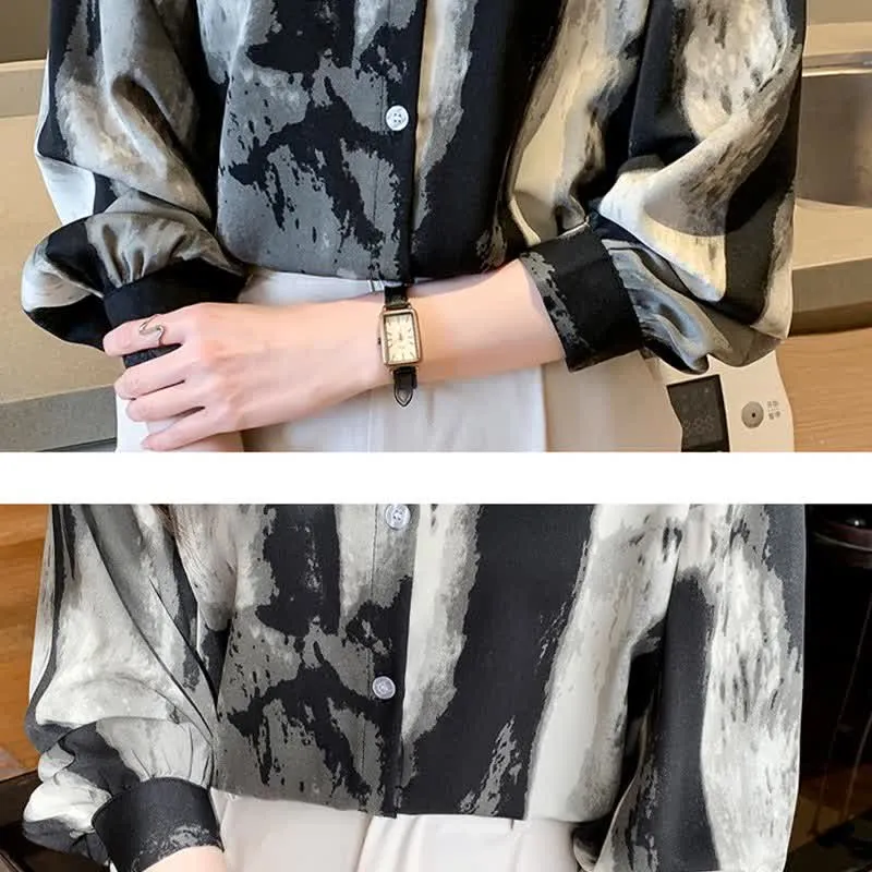 Vintage Ink Painting Long Sleeve Lapel Shirt Workwear