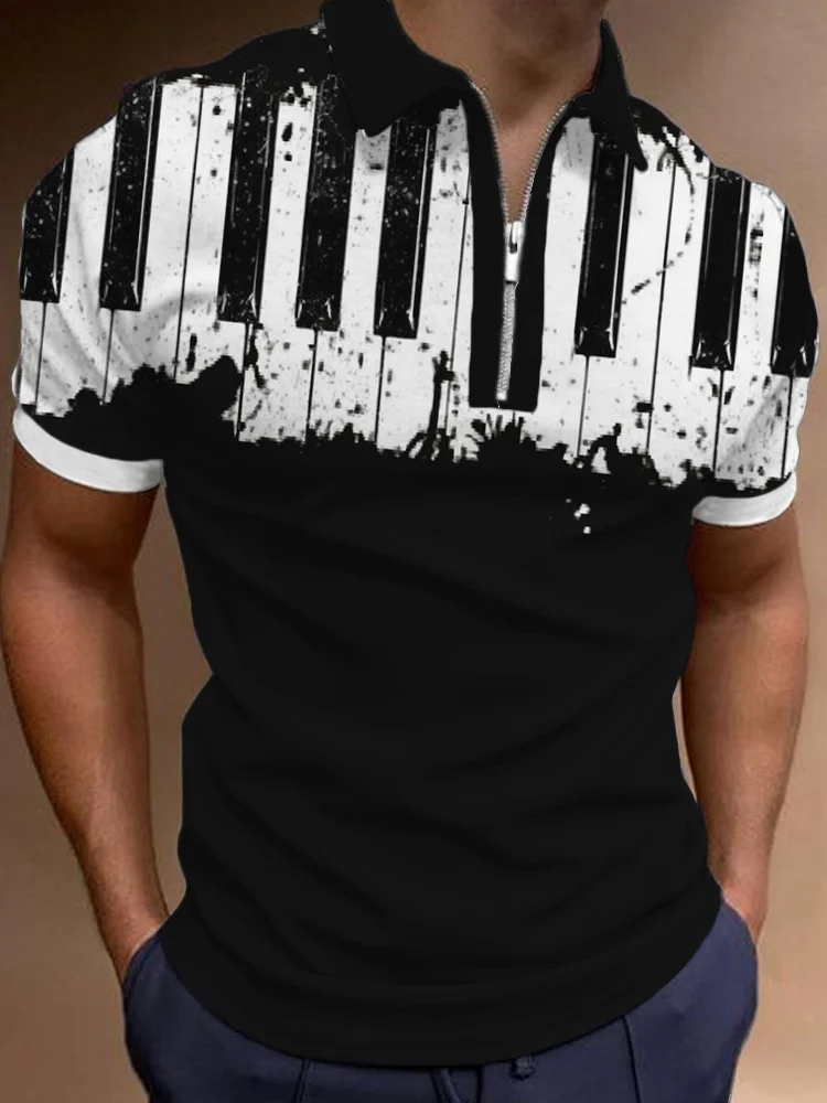 Broswear Men's Piano Keys Print Contrast Polo Shirt