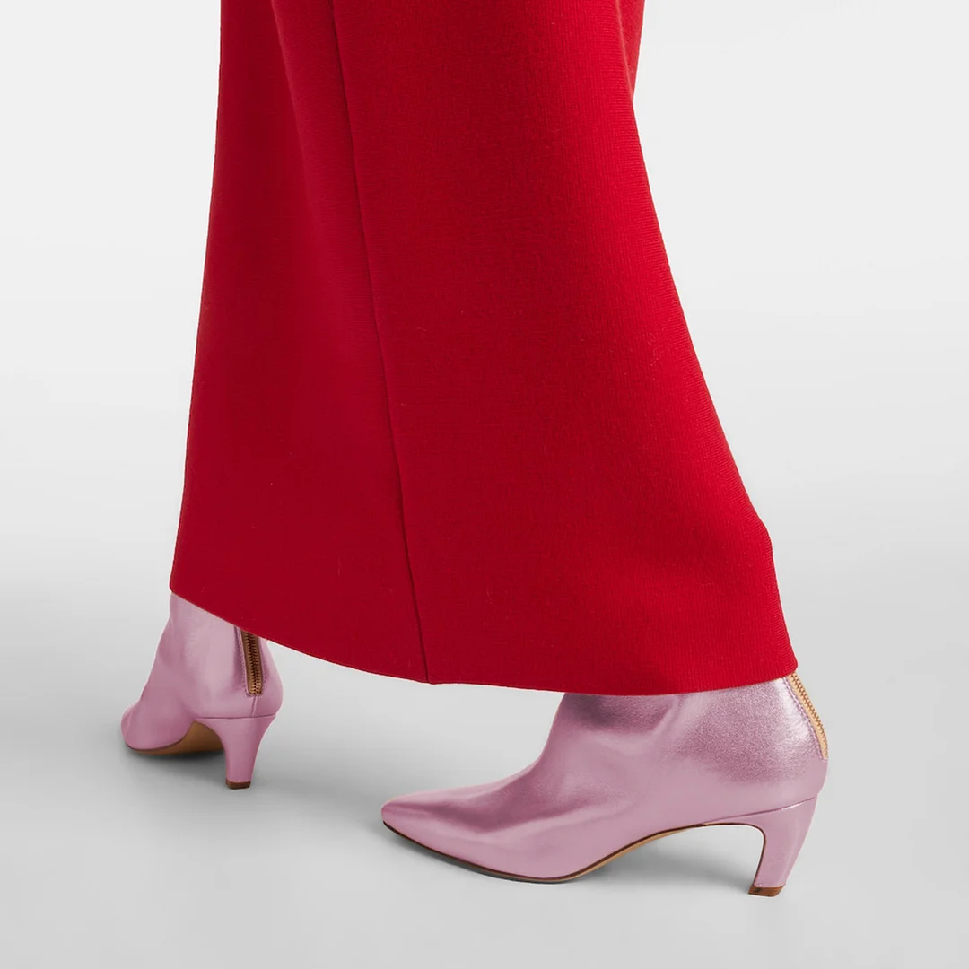 Shiny Pink Vegan Leather Pointed Toe Back-Zip Kitten Heel Ankle Boots