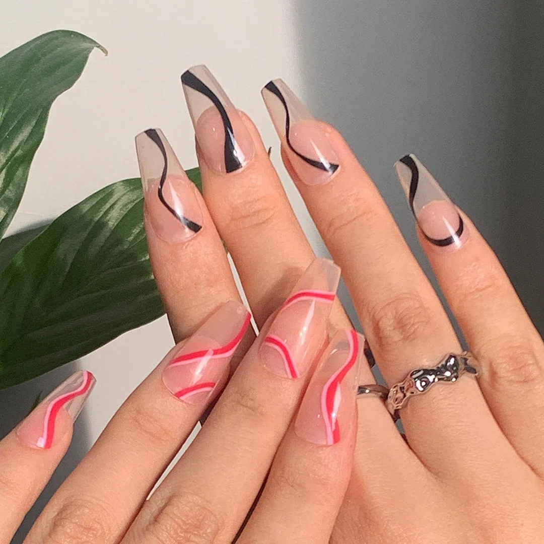 24pcs/set Long Stiletto Fake Nails Punk Snake Pattern Black White Matte False Nails Artificial Full Nail Tips Manicure Tools 111-Nail Inspo