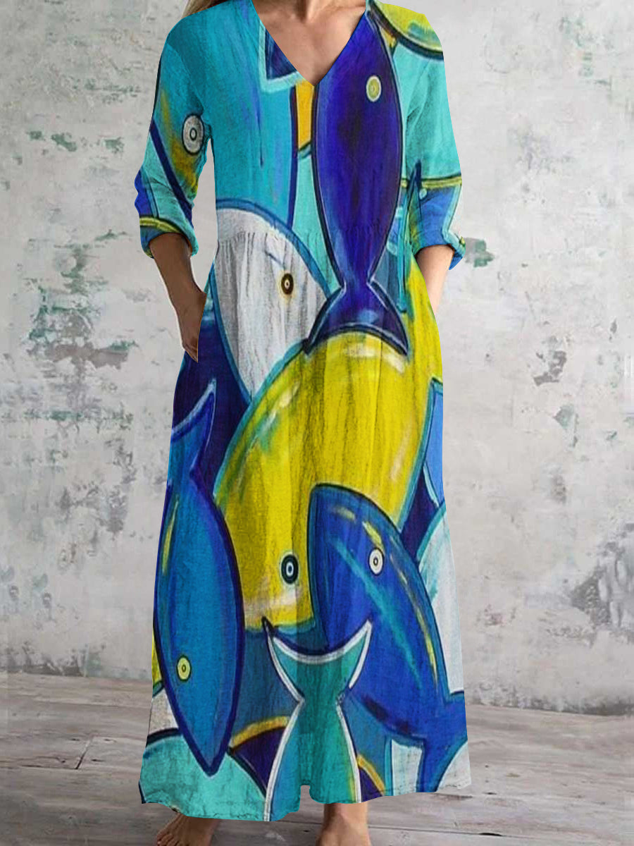Women's V-neck Fun Abstract Fish Art Print Cotton and Linen Pocket Dress