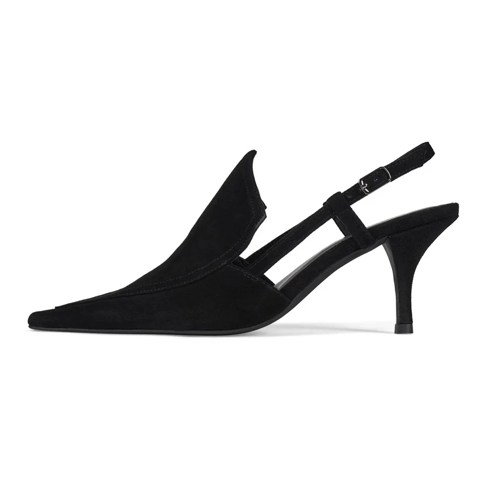 Ladies' Vegan Suede Pointed Toe Casual Black Slingback Heels