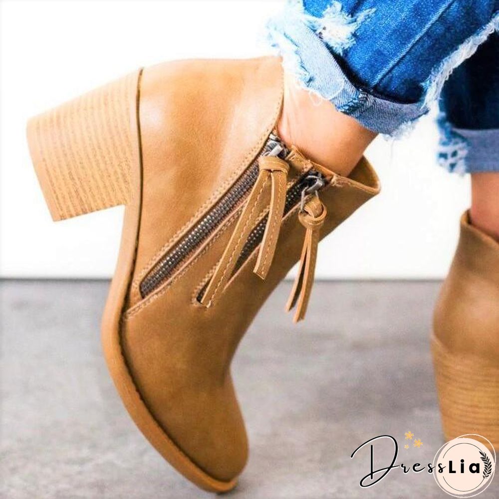 Women Zipper Chunky Heel Ankle Boots