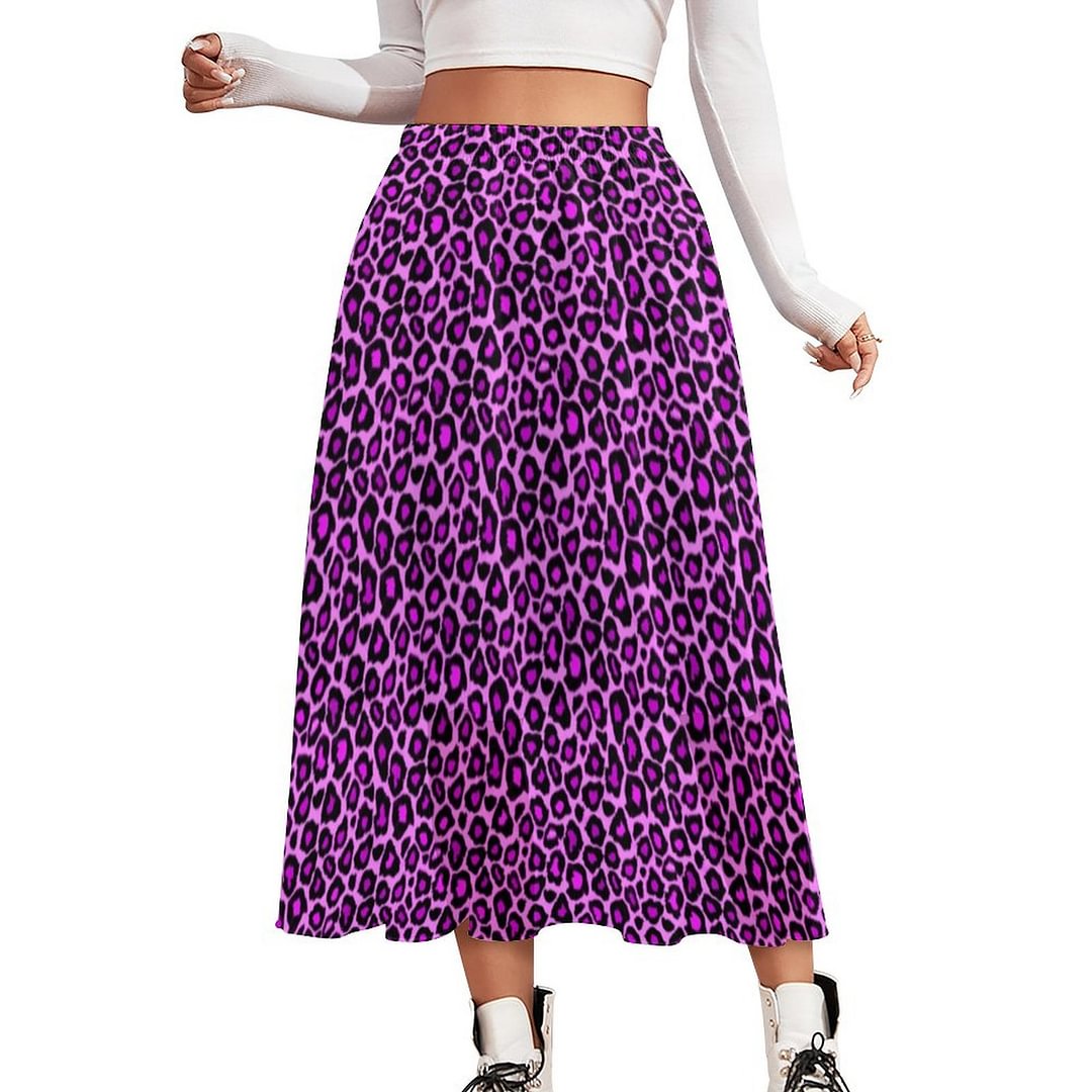 Fun Bold Purple Pink Colorful Leopard Print Women Double-Layered Long Beach Skirt Loose Elastic Waistband Chiffon Maxi Skirts